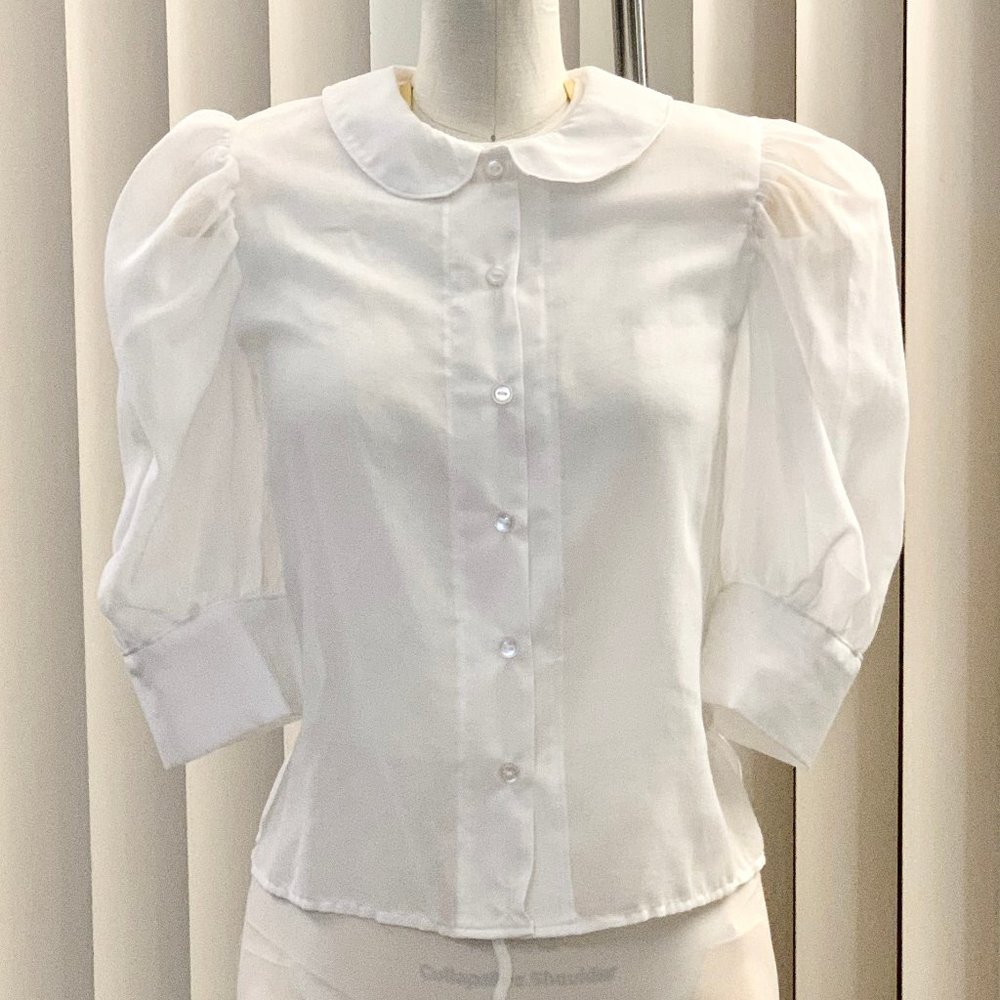 New Sheer White Puff Sleeve Peter Pan Blouse - XXS